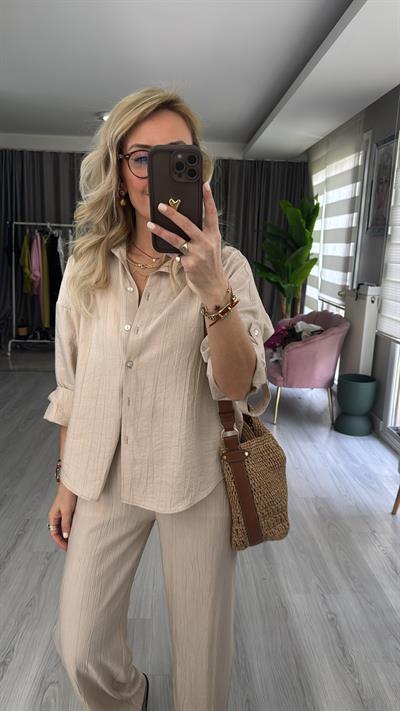 Premium Seri Gömlek Pantolon Taş Rengi Takım
