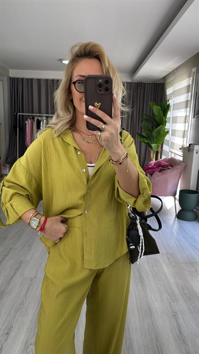 Premium Seri Gömlek Pantolon Yağ Yeşili Takım
