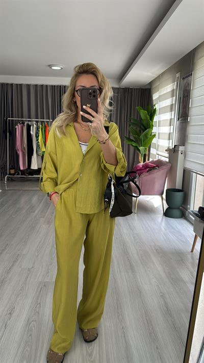 Premium Seri Gömlek Pantolon Yağ Yeşili Takım