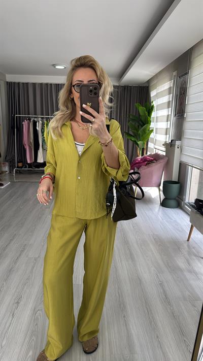 Premium Seri Gömlek Pantolon Yağ Yeşili Takım