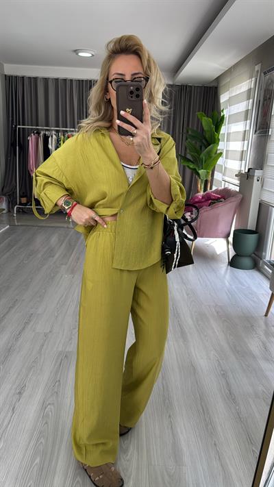 Premium Seri Gömlek Pantolon Yağ Yeşili Takım