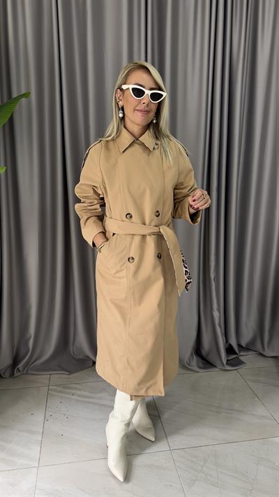 Premium Seri, İçi Komple Leopar Astarlı, Kuşaklı, Camel Trençkot