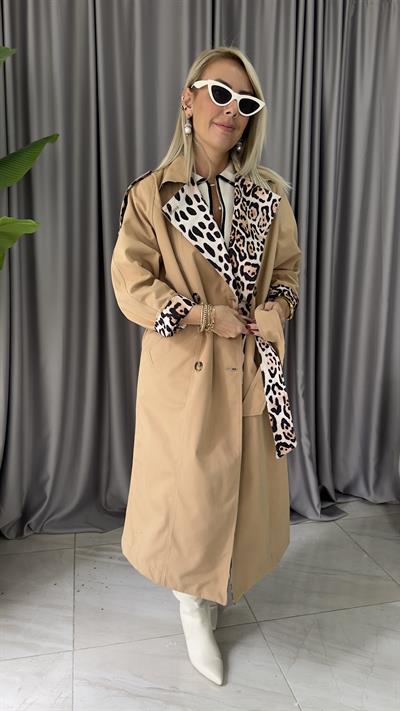 Premium Seri, İçi Komple Leopar Astarlı, Kuşaklı, Camel Trençkot