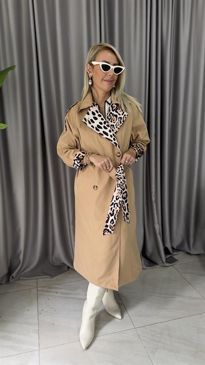 Premium Seri, İçi Komple Leopar Astarlı, Kuşaklı, Camel Trençkot