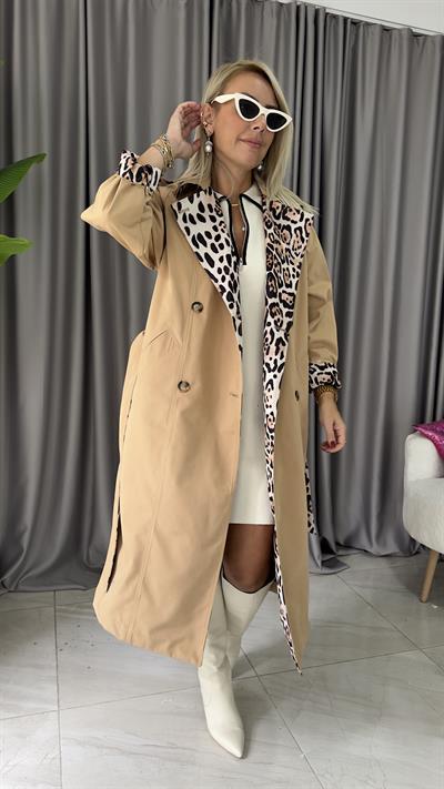 Premium Seri, İçi Komple Leopar Astarlı, Kuşaklı, Camel Trençkot