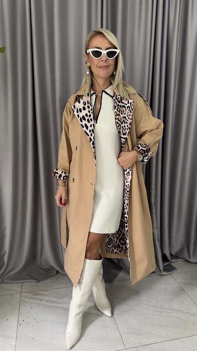 Premium Seri, İçi Komple Leopar Astarlı, Kuşaklı, Camel Trençkot