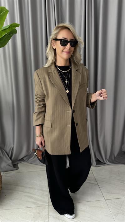 Premium Seri Kendinden Çizgili Bal Rengi Blazer Ceket