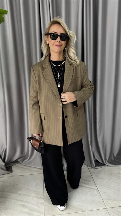 Premium Seri Kendinden Çizgili Bal Rengi Blazer Ceket