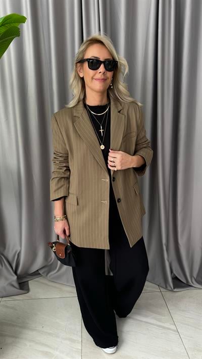 Premium Seri Kendinden Çizgili Bal Rengi Blazer Ceket