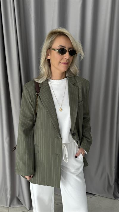 Premium Seri Kendinden Çizgili Haki Blazer Ceket