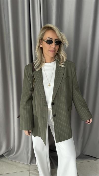 Premium Seri Kendinden Çizgili Haki Blazer Ceket