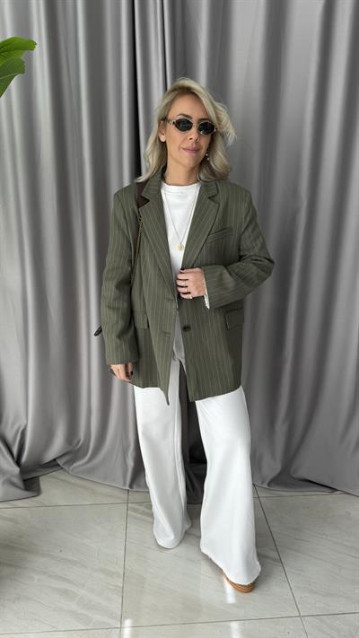 Premium Seri Kendinden Çizgili Haki Blazer Ceket