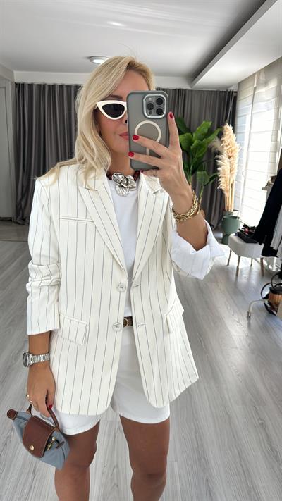 Premium Seri, Kendinden Çizgili Ekru Ceket