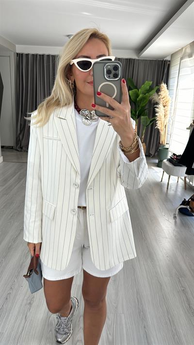 Premium Seri, Kendinden Çizgili Ekru Ceket