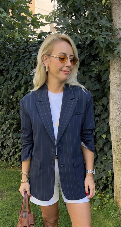 Premium Seri, Kendinden Çizgili Lacivert Ceket