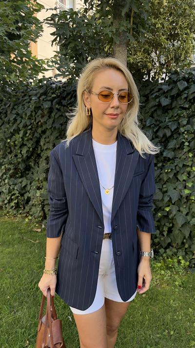 Premium Seri, Kendinden Çizgili Lacivert Ceket