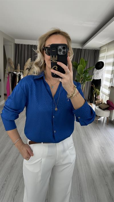 PREMİUM SERİ KENDİNDEN DESENLİ PETROL MAVİSİ GÖMLEK