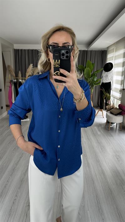 PREMİUM SERİ KENDİNDEN DESENLİ PETROL MAVİSİ GÖMLEK