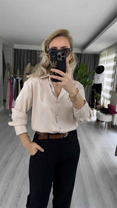 PREMİUM SERİ KENDİNDEN DESENLİ TAŞ RENGİ GÖMLEK