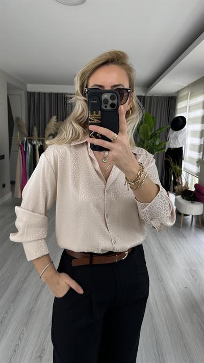 PREMİUM SERİ KENDİNDEN DESENLİ TAŞ RENGİ GÖMLEK