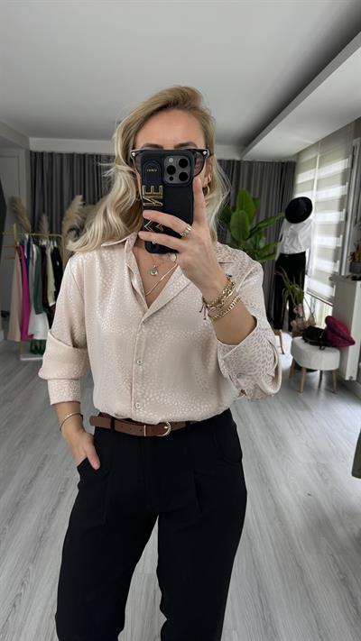 PREMİUM SERİ KENDİNDEN DESENLİ TAŞ RENGİ GÖMLEK