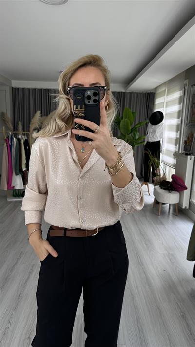 PREMİUM SERİ KENDİNDEN DESENLİ TAŞ RENGİ GÖMLEK