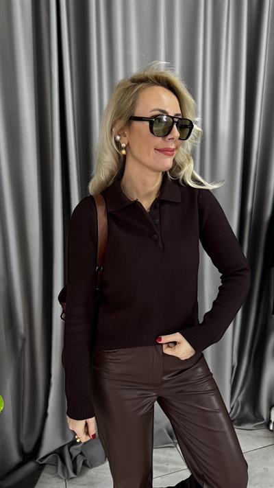 Premium Seri Polo Yaka Kahverengi Triko