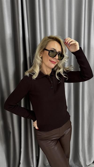 Premium Seri Polo Yaka Kahverengi Triko
