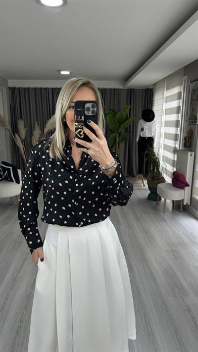 PREMİUM SERİ PUANTİYE DESENLİ TOK DOKULU  SİYAH SATEN GÖMLEK