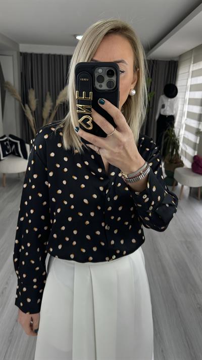 PREMİUM SERİ PUANTİYE DESENLİ TOK DOKULU  SİYAH SATEN GÖMLEK