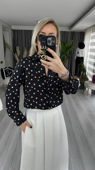 PREMİUM SERİ PUANTİYE DESENLİ TOK DOKULU  SİYAH SATEN GÖMLEK