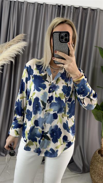 PREMİUM SERİ, RENKLİ ÇİÇEK DESENLİ MAVİ SATEN GÖMLEK