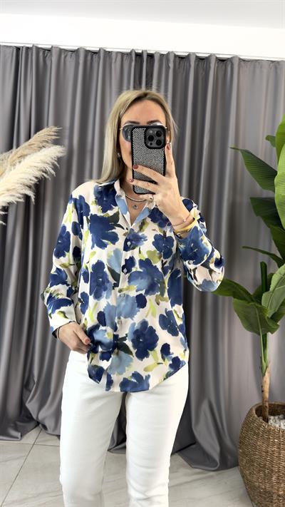 PREMİUM SERİ, RENKLİ ÇİÇEK DESENLİ MAVİ SATEN GÖMLEK