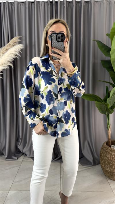 PREMİUM SERİ, RENKLİ ÇİÇEK DESENLİ MAVİ SATEN GÖMLEK