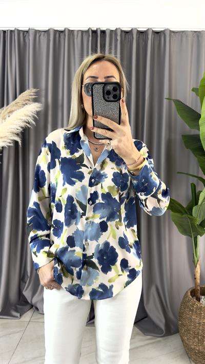 PREMİUM SERİ, RENKLİ ÇİÇEK DESENLİ MAVİ SATEN GÖMLEK