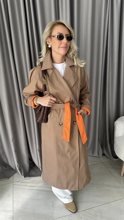 Premium Seri Turuncu Astarlı Camel Trençkot