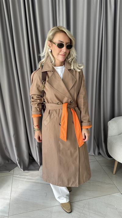 Premium Seri Turuncu Astarlı Camel Trençkot