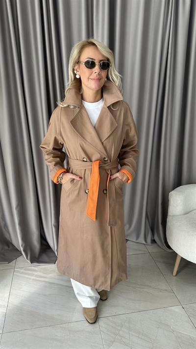 Premium Seri Turuncu Astarlı Camel Trençkot