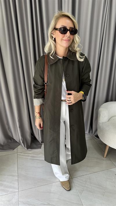 Premium Seri Yakası Kadife Detaylı Haki Trençkot