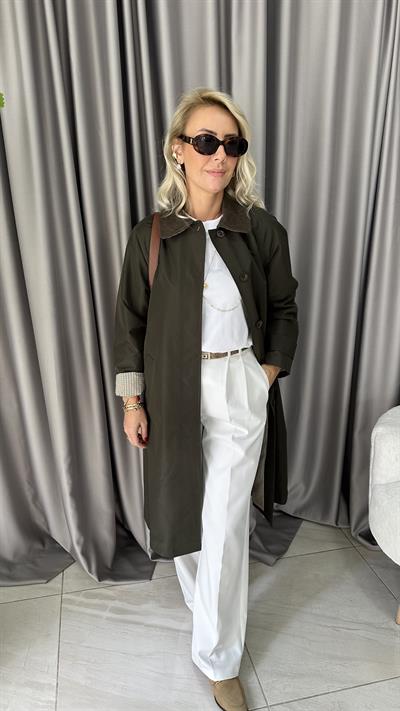 Premium Seri Yakası Kadife Detaylı Haki Trençkot