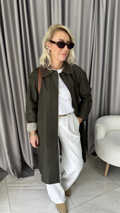 Premium Seri Yakası Kadife Detaylı Haki Trençkot