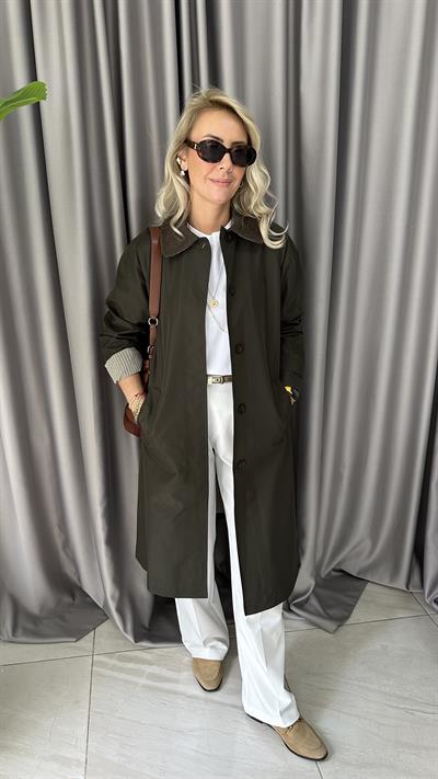 Premium Seri Yakası Kadife Detaylı Haki Trençkot