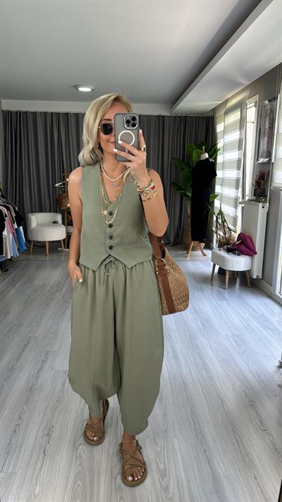 PREMİUM SERİ, YELEK ŞALVAR PANTOLON HAKİ KETEN TAKIM