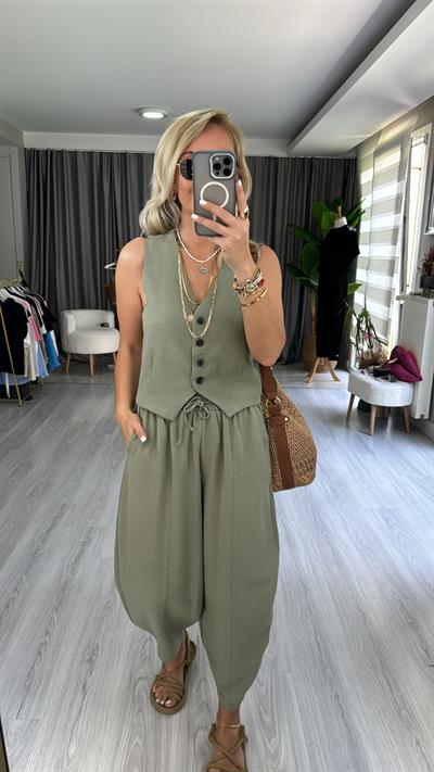 PREMİUM SERİ, YELEK ŞALVAR PANTOLON HAKİ KETEN TAKIM