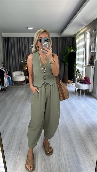 PREMİUM SERİ, YELEK ŞALVAR PANTOLON HAKİ KETEN TAKIM