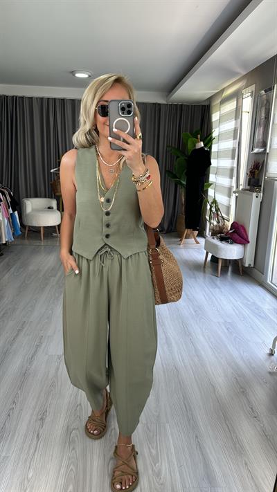 PREMİUM SERİ, YELEK ŞALVAR PANTOLON HAKİ KETEN TAKIM