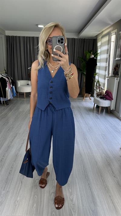 PREMİUM SERİ, YELEK ŞALVAR PANTOLON MAVİ KETEN TAKIM