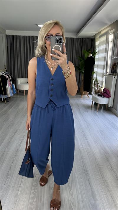 PREMİUM SERİ, YELEK ŞALVAR PANTOLON MAVİ KETEN TAKIM