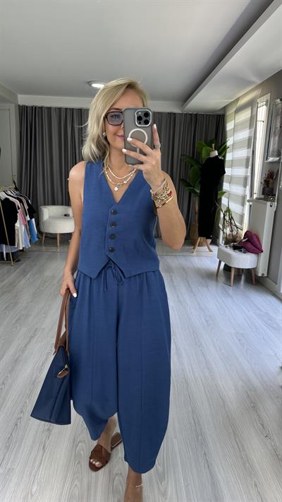 PREMİUM SERİ, YELEK ŞALVAR PANTOLON MAVİ KETEN TAKIM