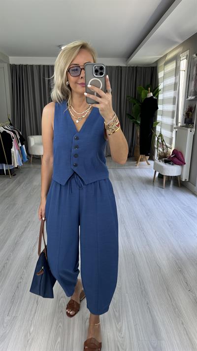 PREMİUM SERİ, YELEK ŞALVAR PANTOLON MAVİ KETEN TAKIM